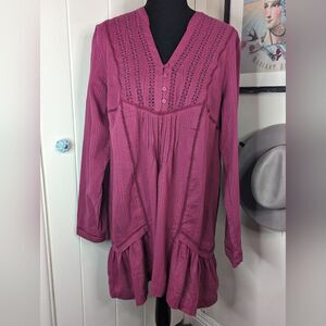 Free People Pink Magenta Long Sleeve Split Neck Tunic Dress sz M NWT